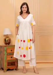 Party Wear White Color Rayon Silk Embroidered Kurta Pant Designer Fancy Stylish.