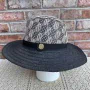 Vince Camuto Sun Hat Panama Paper Raffia Straw Black Tan Check OSFA NWT