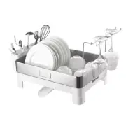 Happimess Dish Racks 20.5" w/ Swivel Spout Tray+Wine Glass Holder Silver/White