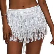 [EOYVAIL] Dance Skirts for Women, Women's Sequin Skirt, Sequin Wrap Fringe Skirt, Glitter Fringe Skirt, Christmas Dance Show (Silver)