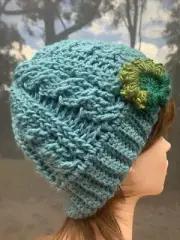 New Handmade Crochet Woman's/Ladies Chunky Cable Beanie. Aqua. One Size. Flower