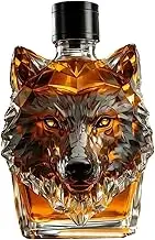 Whiskey Bottle, 350ml Artistic & Elegant Wolf Head Shaped Whiskey Decanter, Funny Unique Empty Glass Liquor Bottles for Dad Husband, Alcohol Loves Gifts-