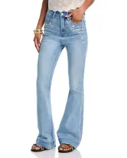 Aqua x Ava Phillippe Embroidery Stud Bell Bottom High Rise Jeans in Light Wash - Exclusive