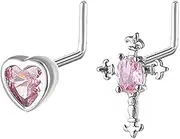 [Niaspi] 2Pcs 20G Pink CZ Heart Cross Nose Rings for Women 316L Surgical Steel L-Shaped Nose Studs Rings L Bend Nose Screws Cute Nose Nostril Piercing Jewelry, 20g, Copper, no gemstone