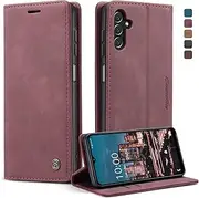 [owlhold] Mobile Phone Case for Samsung Galaxy A14 4G/5G Case, Premium Leather Case, Soft Vintage Nubuck Leather, Foldable Stand, Flip Case, Card Slot, Stand Function, Shockproof Protective Case - Wine
