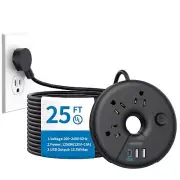 Extra Long Extension Cord 25 ft Flat Plug Power Strip with 3 Outlets 3 USB Po...