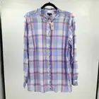 Talbots Shirt Top XL Plaid Ruffle Trim Button Front Long Sleeve Blue Pink NWT