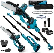 8 Inch Chainsaw with 8.5 ft Extension Rod, 2 Batteries, Brushless Motor, Automatic Chain Oiling, Electric Chain Saw for Garden Wood, Pruning Shears, Wood Cutting, Compatible with Makita 18 V