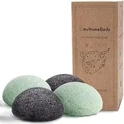 Natural Konjac Facial Sponges - for Gentle Face Cleansing and Exfoliation - with Activated Charcoal and Aloe Vera, 4pc. Set