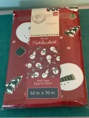 Santa's Workshop Christmas Snowman Red Vinyl Rectangle 52" x 70" Tablecloth NEW