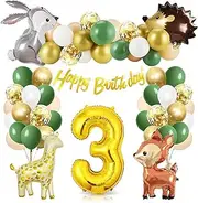 Yamibobo 3rd Birthday Decorations Jungle Animal Theme Set, Number 3 Happy Birthday Banner, Giraffe, Fox, Rabbit, Hedgehog Balloons, Dark Green, White, Pink, Gold, Confetti, Ribbon, Straw