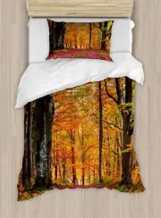 Duvet Cover Set, Fall Forest Shady Deciduous Trees and Faded Leaf Magic