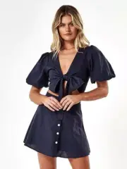 Charlie Holiday Harlow Mini Skirt Button Front A-Line Linen Blend Navy Size 4