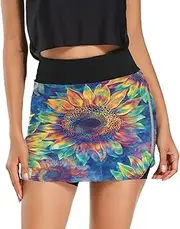 [Joisal] Heart Tree Stars Blue Mini Skort with Zipper Pockets Athletic Skirts for Running Tennis Workout, Sunflowers Tie Dye, Large