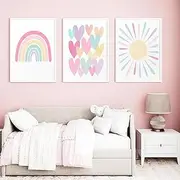 3Pcs Pink Nursery Canvas Wall Art Pastel Rainbow Sun Hearts Posters Prints Boho Pink Sunshine Painting Wall Decor Pictures for Toddler Girls Baby Kids Room Decoration, Unframed 12x16in