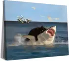Yaneiro Framed Black Cat Wall Art, Funny Quirky Cat and Shark Pictures Canvas Pr