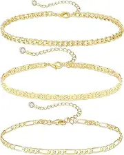 [XIANNVXI] Gold Anklets for Women 3Pcs Anklet Jewelry Waterproof 14K Gold Ankle Stack Anklet for Women Waterproof Gold Summer Bracelets Non Tarnish Cuban Link Anklets