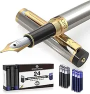 Dryden Designs Fountain Pen - Smooth & Elegant Set for Calligraphy Writing, Signature, Artist and Professionals - Metallic Silver [12 Black & 12 Blue Cartridges]