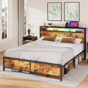 Advwin Bed Frame Queen Size LED Metal Bed Base with Charging Station and USB Ports Storage Wooden Headboard