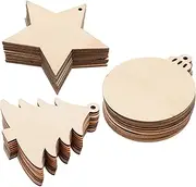 30 Pcs Wooden Christmas Ornaments Unfinished Predrilled Wood Ornaments Wooden Cutouts Slices for Crafts Kids DIY Christmas Circle Star Tree Shape Hanging Decorations