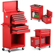 Costway 6-Drawer Tool Cabinet Workshop Storage Chest Garage Organizer w/Lockable Tool Box & Removable Hooks Red