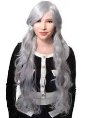 Extra Long Wavy Silver Womens Costume Wig with Side Fringe