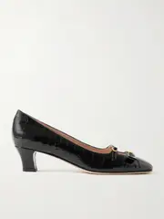 [Valentino Garavani] Valentino Garavani - Bowow Décolleté 45 Embellished Croc-effect Leather Pumps - Black - IT38 IT 38 Black