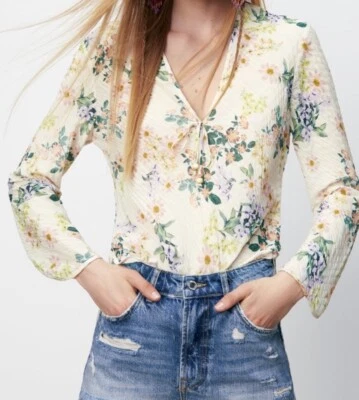 Zara Women's STRUCTURED PRINTED BLOUSE V-Neck Front Tie Floral Size XS Cream Y2k