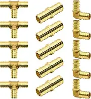 15pcs 1/2" PEX Fittings, Elbow TEE Straight Couplings Set, PEX Brass Crimp Fitting Combo with Tees, Elbows, Straights (1/2", 15pcs)