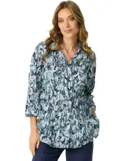 [Fella Hamilton] Vista Crushed 3/4 Sleeve Print Shirt in Emerald Leaves
