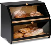 HOMEKOKO Double Layers Large Bread Box for Kitchen Counter, Wooden Large Capacity Bamboo Bread Food Storage Bin - Black