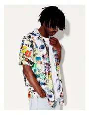 [Kenji] Area 51 Print Short Sleeve Textured Rayon Shirt in White