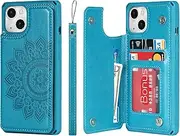 Cavor for iPhone 13 6.1'' Case Flower PU Leather Wallet Flip Magnetic Clasp Protective Back Cover Kickstand with Lanyard Card Slots Holder Shockproof Phone Cases-Horizontal Mandala Blue