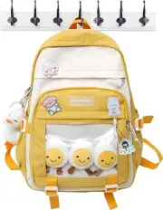 Kawaii Backpack with Girls Cute Pin with Accessories Plush Pendants Yellow