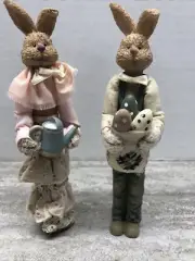 2 Easter Bunny Pencil Figurines Mrs rabbit Water Can Mr Rabbits 3 Eggs