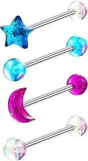 [Jewseen] 4Pcs Tongue Rings 14G Tongue Piercing Jewelry Star Tongue Studs Moon Tongue Barbell Surgical Steel Tongue Ring for Women Men Tongue Bar Straight Barbell