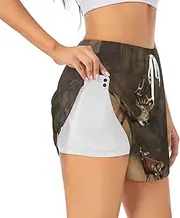 [WURTON] Deer Hunting Print Exercise Gym Workout Shorts Women's Athletic Shorts Dual-Layered Yoga Running Shorts