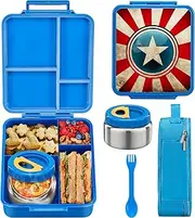 MAISON HUIS Bento Lunch Box for Kids with 8oz Soup Thermos, Leakproof Lunch Compartment Containers with 4 Compartment Bento Box, Thermos Food Jar and Lunch Bag, BPA Free,Travel, School(Striped Star)
