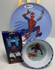 Spider-man Meal Set ~ Melamine Side Plate & Bowl + 2pc Cutlery Set ~ New