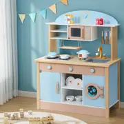 1X Keezi Kids Kitchen Wooden Pretend Play Sets Cooking Toys Pot Pan Bowls Oven Dishwasher 80cm Blue