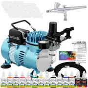 NAIL ART AIRBRUSH KIT-SET-Air Compressor-Paint-20pk Stencil Design Dual Action