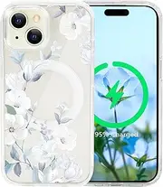 Tcaraersing for iPhone 14 Plus 6.7'' for Magnetic Clear Flower Case, Compatible with MagSafe, Floral Pattern Transparent Shockproof PC Back Soft TPU Slim Thin Cover for Girls Women - Hibiscus