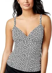 [Swim Solutions] Women's Diamond Geo Shirred Tummy Control Tankini Top, Black/White, 12