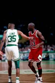 Reggie Lewis Boston Celtics defends Michael Jordan Chicago Bulls p- Old Photo