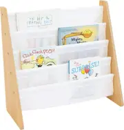 4-Tier Kids Bookshelf, Natural Wood/White - Premium Book Shelf for Kids Rooms wi