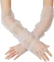 [GRYUIRY] Long Tulle Pearl Gloves Fingerless Beaded Sheer Bridal Gloves for Wedding Tea Opera Party Hallowmas Costume Accessory