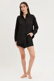 Black Satin Pajamas Set Long Sleeve - Size S, Women's Pj Set