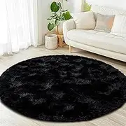 BSGIFT Round Black Rug, 200 cm High Pile, Shaggy Fluffy Rug Living Room, Modern Long Pile Living Room Rug, Bed Rug, High-Pile Carpet, Non-Slip for Bedroom, Children's Room