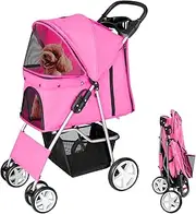 display4top Pet Travel Stroller Dog Cat Pushchair Pram Jogger Buggy With 4 Wheels (Pink)