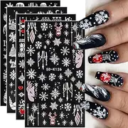 5D Embossed Christmas Nail Art Stickers, 3D Self-Adhesive White Snowflake Nail Decals Christmas Tree Tree Bell Winter Nail Design for Women Girls Nail Decoration (4 Sheets)